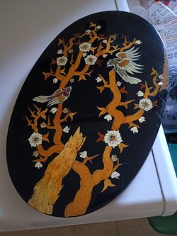 Vintage Oval Persian Inlaid Marquetry Black Lacquered Decorative Panel 

Pick up in Sun valley 