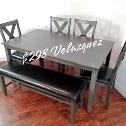 ✅️✅️6 pc laurel  gray finish wood dining table set padded seat chairs and bench✅️✅️✅️