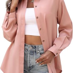 Womens Button Down Collared Shirts Long Sleeve Blouses Oversized Causal Tops with Pocket