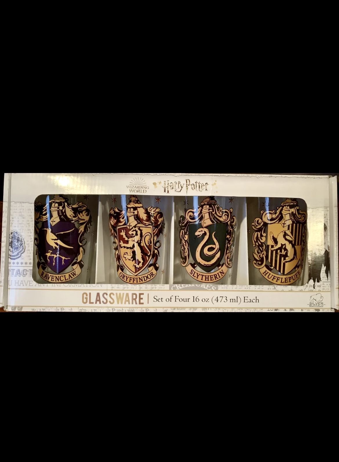 Wizarding World Harry Potter Glassware Set of 4 Each 16 Oz, House Crests New