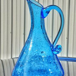 Mid century modern MCM blue crackle ART GLASS  pitcher vase Pilgrim Art glass  9.5" X 5"D