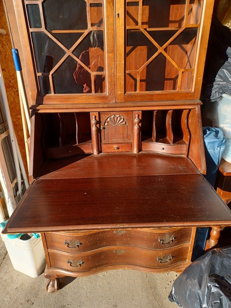 Antique Secretary Desk And Glass Hutch And Drawes Below