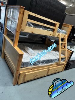 Twin full natural bunk bed with mattress trundle
