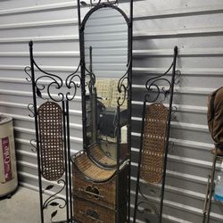 Mid-Century Boho Chic Steel and Wicker Cane Entryway Mirror and Cabinet