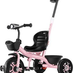 Pink, Baby Tricycle with Push Handle,Toddler Bike with Push Handle, Trike for Toddlers,First Birthda
