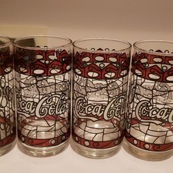 Set of 4 Vintage Stained Glass Design Coca Cola Glasses