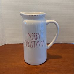 Rae Dunn White Merry Christmas Pitcher Flower Vase with Red Stitching 9” A26