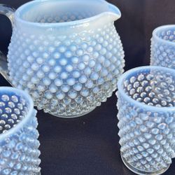 Fenton Opalescent Hobnail Pitcher And Glasses