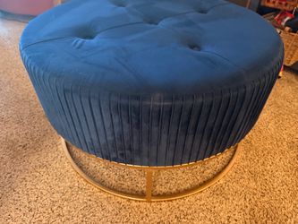 Round Tufted  blue Velvet Ottoman with Gold Base