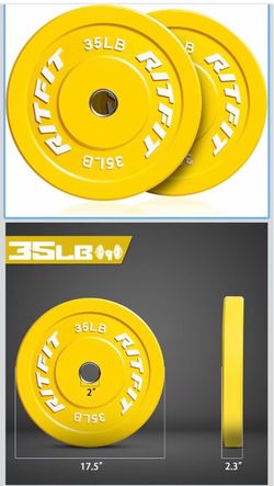 R4) 35LB Color Coded Olympic Bumper Plates – Pair  * 2 Plates × 35LB Each * Total Weight: 70LB * 2” Olympic Barbell Hole * Rubber Plates with Steel In