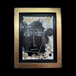 Art For $50 Sale - Original Abstract Portrait Painting – Signed by Salazar – Mixed Media on Canvas with Gold Frame 
