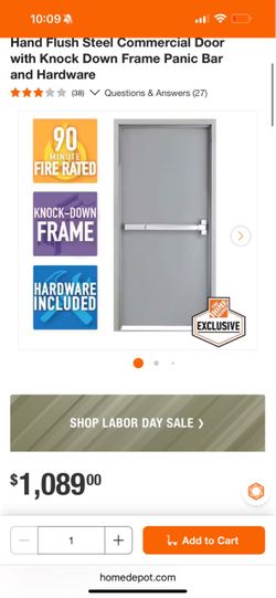 36 in. x 80 in. Fire-Rated Gray Left-Hand Flush Steel Commercial Door with Knock Down Frame Panic Bar and Hardware