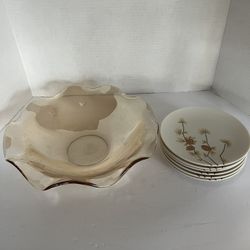 Mid Century RARE 1960s Boonton Ware Pinecone Plates  And Mid Century Amber Glass Serving Bowl