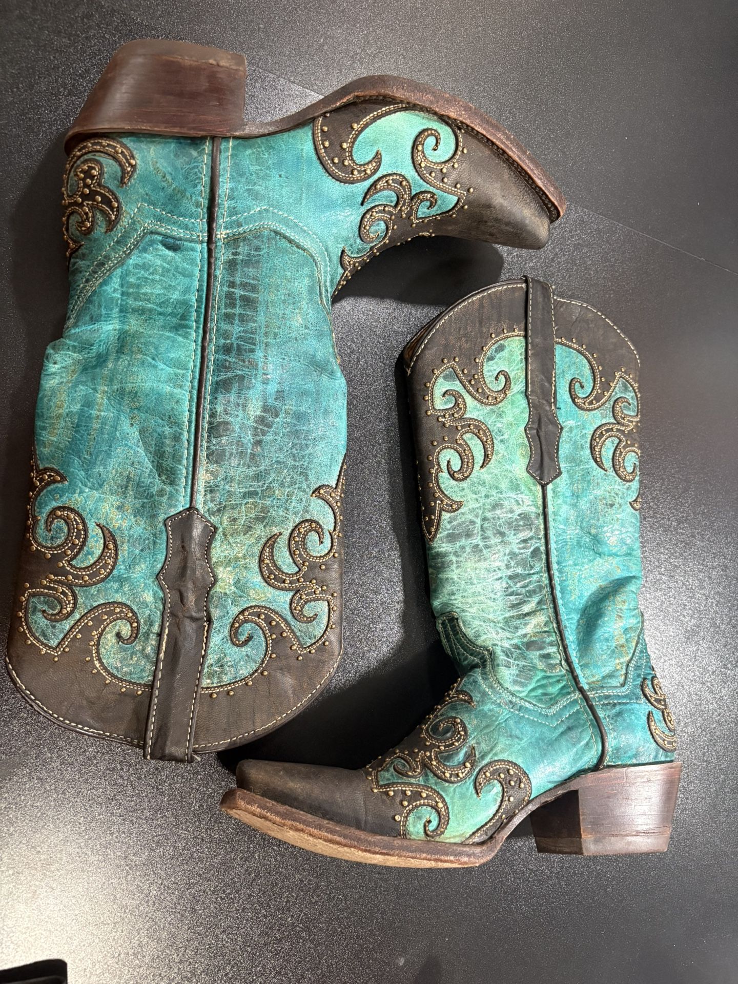 Womens turquoise Western Cowgirl Leather Boots Overlay Snip Toe women 7.5