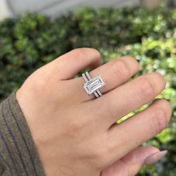 4ct center emerald cut moissanite hidden halo wedding set 6