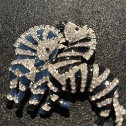 Horse Zebra Crystal ALL Glass Rhinestone Brooch Pin Vintage Black Blue Enamel