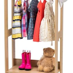 IRIS USA Open Wood Clothing Costume Garment Hanging Rack Armoire Wardrobe Dresser Organizer with Shoe Shelves and Side Hook, for Nursery, Kids Room, C