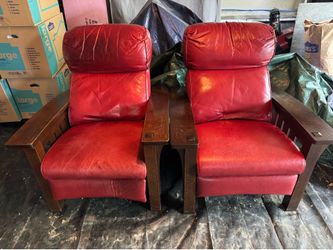 Pair of Stickley Bustle Back Bow Arm Morris Recliner is Mission Style, Centennial finish, solid oak frame
