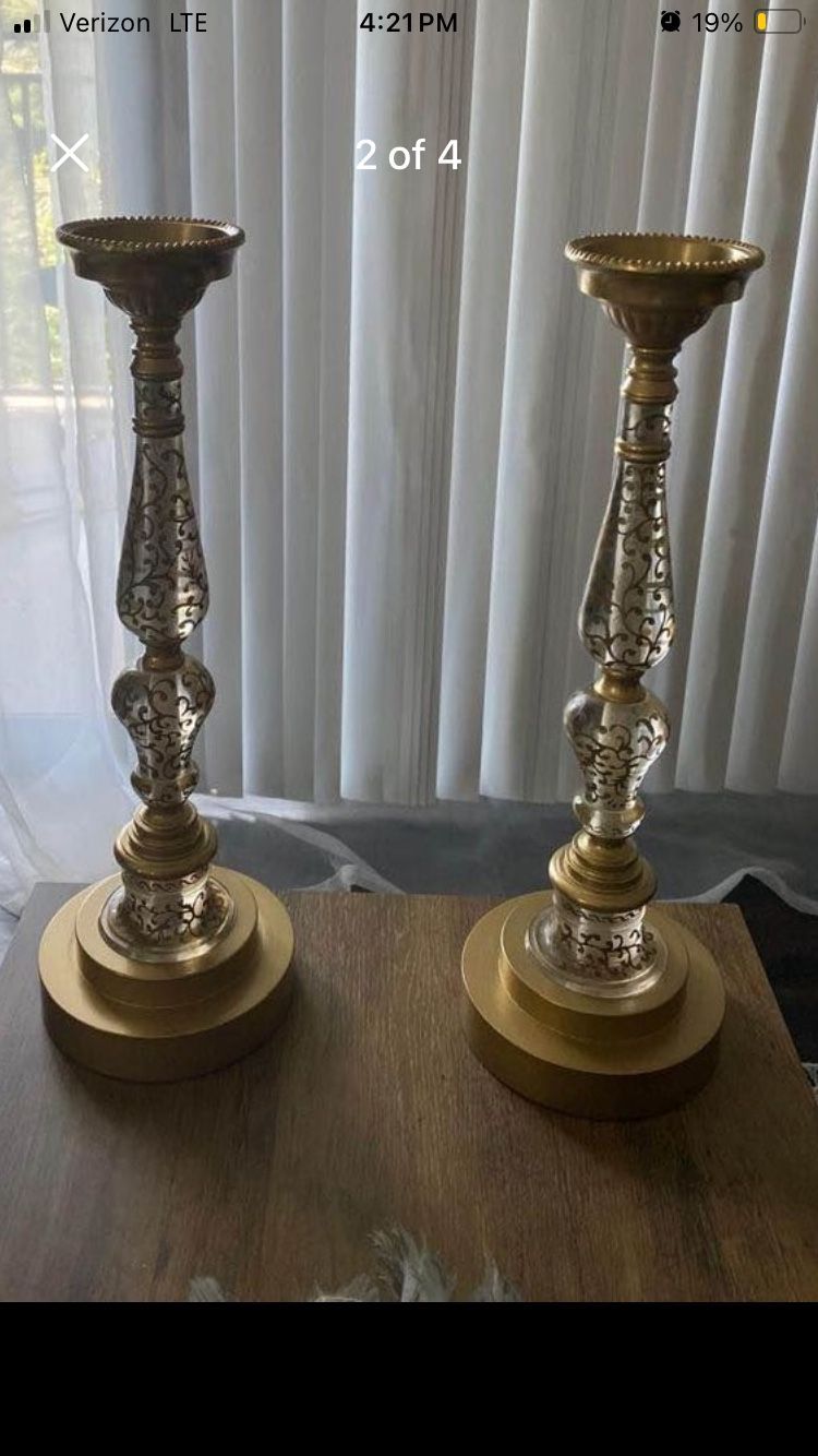 JOHN RICHARD FINE DESIGNER CANDLESTICKS. 23.25” Pair. 2 antique gold & lucite crystal glass filigree candle holders. Perfect sophistication.