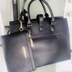 Black Flap-Over Belt  Shoulder Bag - Top Handle Tote Satchel with Wristlet 