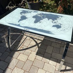 Chrome Base And Glass Top Desk With World Map 