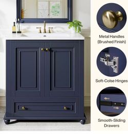 LD0108-YN 30" Bathroom Vanity with Ceramic Sink Combo, Freestanding Bathroom Storage Vanity Cabinet with 2 Doors & 1 Drawer, Solid Wooden Frame & Coat