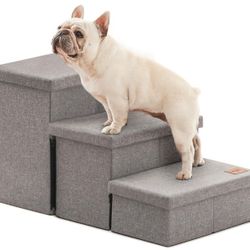Foldable Dog Stairs for High Bed, 18 Inch 3-Step Pet Stairs with Storage, Dog Steps Ramp for Small Medium Large Dogs & Cats, Up to 200 lbs, Solid Grey