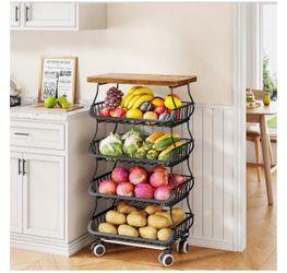 Wood Top Metal Wire Basket Stand Cart Organizer Storage for Fruit Vegetable Pantry with Lockable Wheels Size Length 16", Width 12", Height 37" New