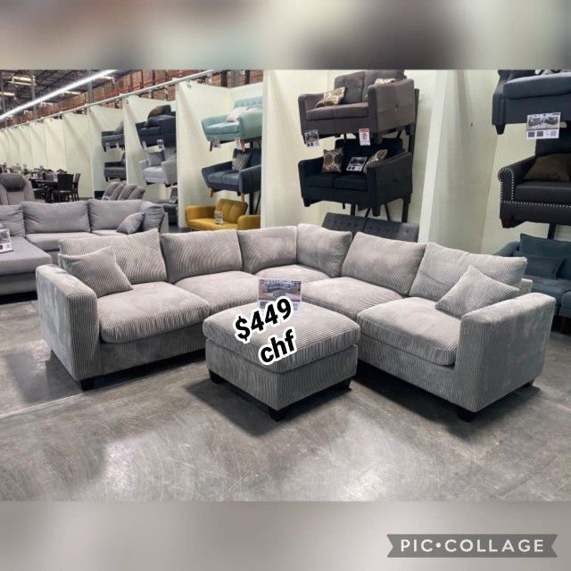 Gray Corduroy Sectional Sofa With Ottoman