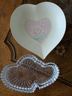 Vintage Mikasa Rose Duet Trinket/Candy Dish Ivory Bone China+Lead Crystal Double Heart Shaped Dish