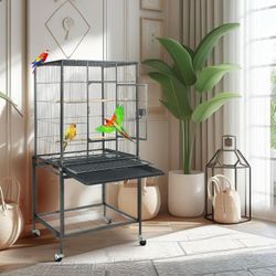 53-Inch Bird Flight Cage, Wrought Iron Standing Large with Rolling Stand for Cockatiels Pet Parrot Parakeet Lovebird Canary Finch (Black)