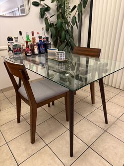 Glass Table with Walnut Finish & Chairs x2
