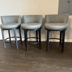  High-End LEE Upholstered Swivel Bar Stools – Set of 3 (Like New!) 