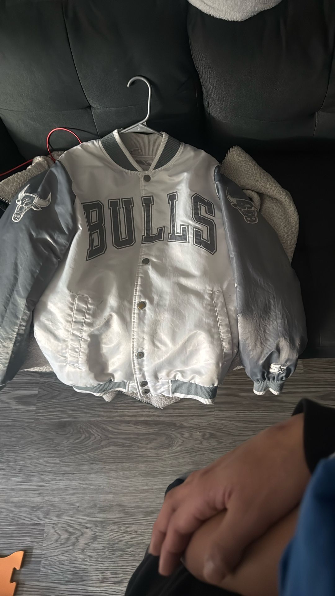 white and gray Chicago Bulls bomber jacket