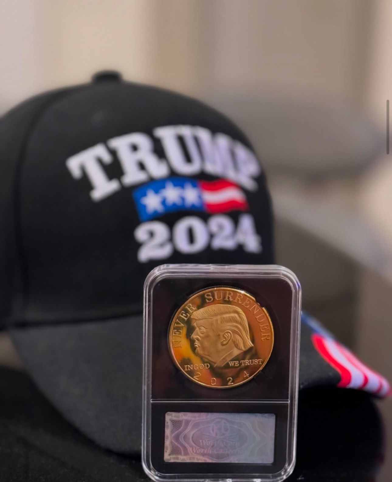 Trump Physical Coin Never Surrender In Plastic Protective Case, Trump Coin Gift 