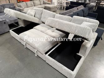 NEW Double Chaise Sectional Couch Set STORAGE Ash Grey Fabric Ashley Style U Shape Large Seccional Pullout Sleeper Bed Sofabed IKEA BIG Discount SALE