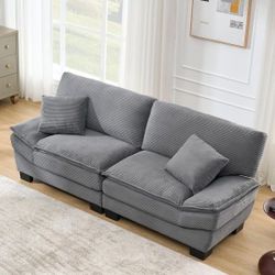 Grey 87" Corduroy Couch with 2 Pillows, Sailboat-Shape Deep Seat Sofa for Living Room, Small Space, Office, Apartment-Morden Fort