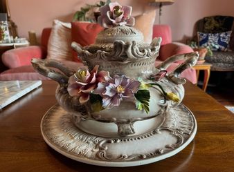 Capodimonte Tureen Set: Mid-Century Italian Ceramic Server, Rose Decor