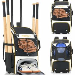 New Fanwoli Leather Rolling Baseball Bag - Youth Softball Bag with Wheels for Boys Girls - Rain Cover & Mud Guard for Clean Car - Premium 4-Bat Tourna