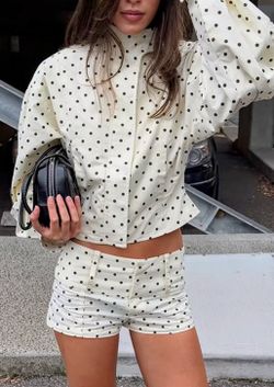 Polka Dot white Two-Piece Set - Crop Top Jacket & Shorts Sz L NWOT