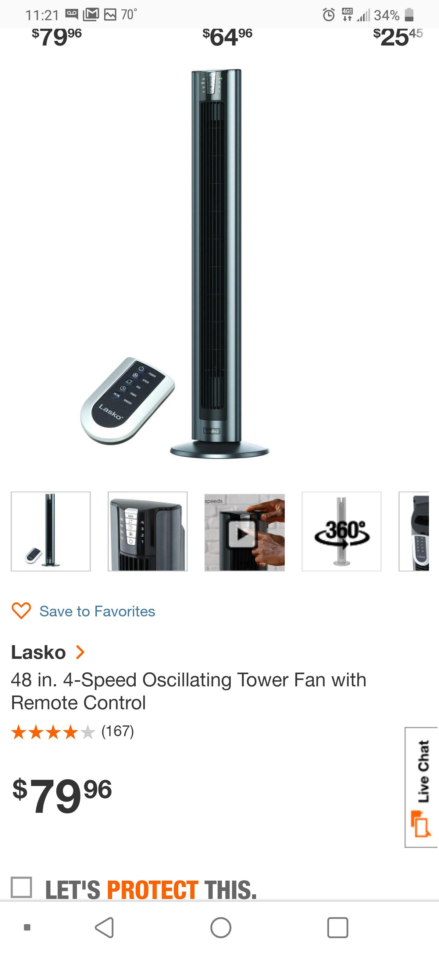 Lasko 48in Tower Fan With Remote