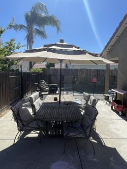 Teak Wood Table With Chairs Snd Light Up Umbrella 