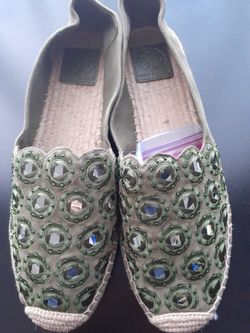 Tory Burch- Olive "Yasmine" Suede Espadrilles, Size 10.5-NWOB