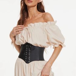 Womens Lace-up Corset Cinch Waistband Waspie Elastic Waist Belt Retro Tied Wide Belt Vintage Bandage Elasticity Girdle Wrap for Girls Halloween Costum