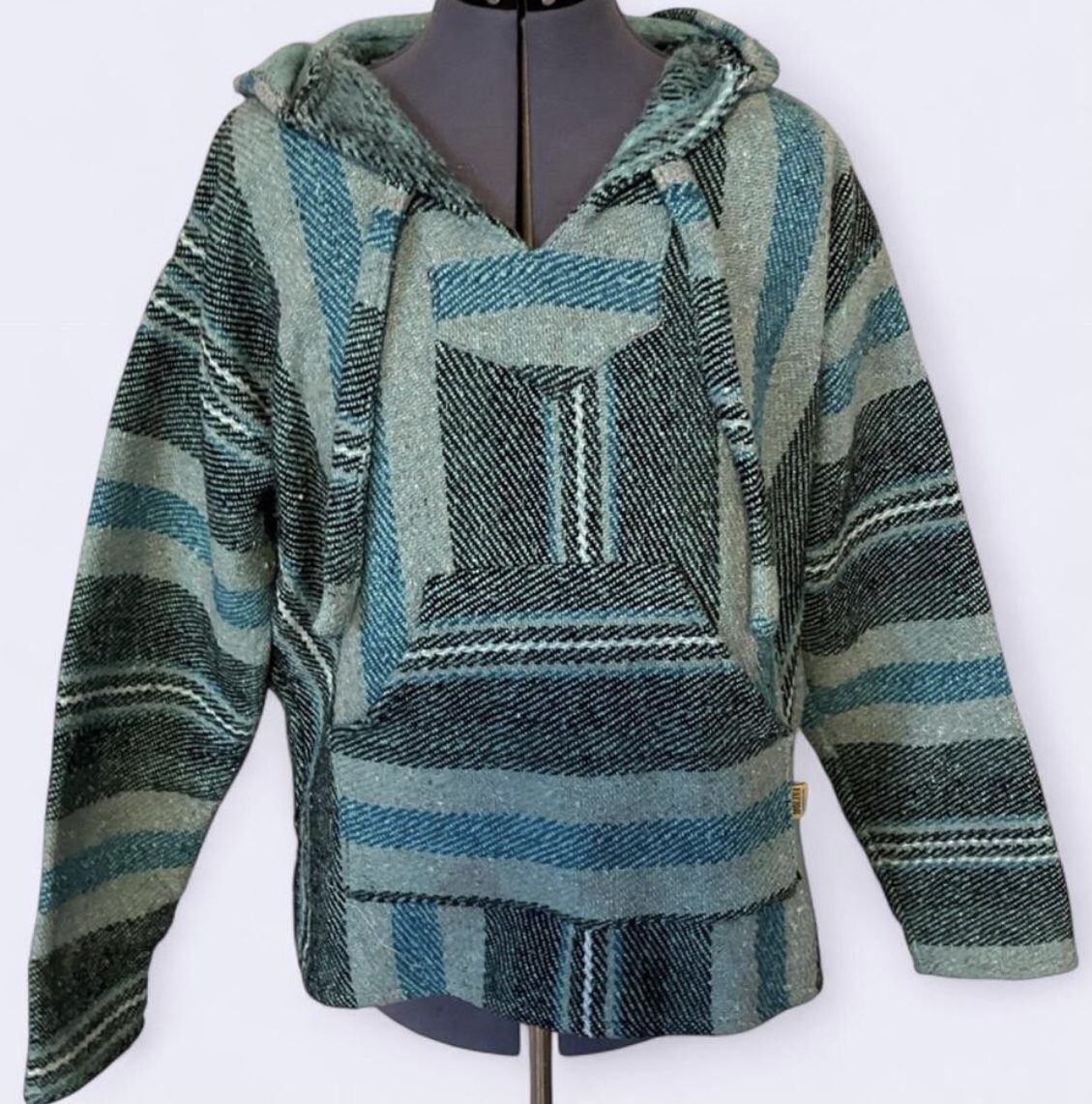 Molina Baja Hoodie Pullover Black Teal Stripe Poncho Blanket