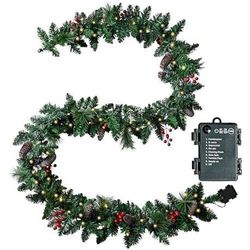 9 Feet Christmas Garland with Lights, Pre-Lit Garland for Christmas Door Decoration, Battery Operated Christmas Garland with Timer, 50LED Warm Lights 