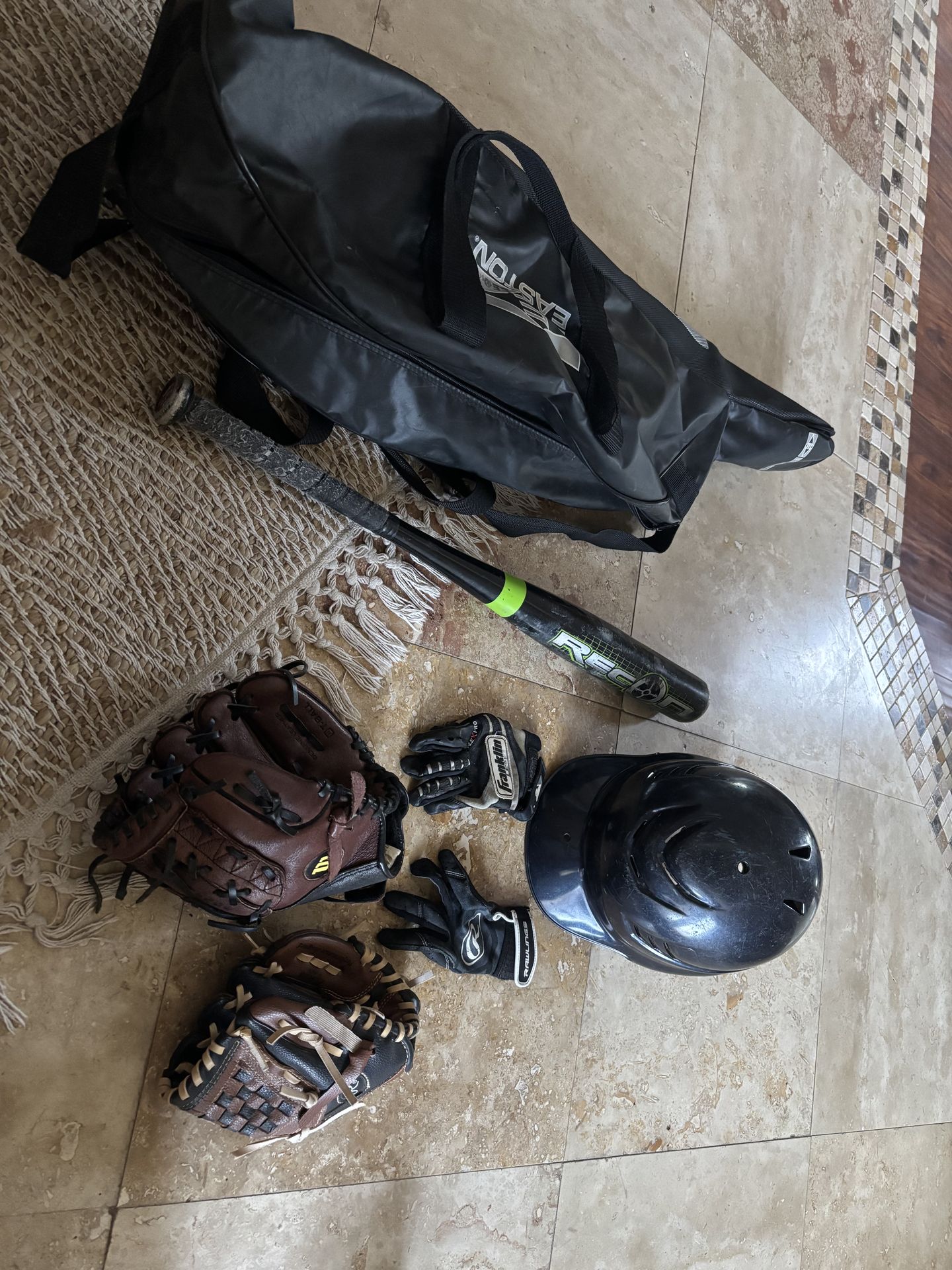 Bat, helmet, gloves, baseball bag for T-ball