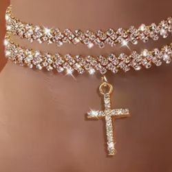 14 Karat Gold Plated Women ankle Double bracelet with a Cross 