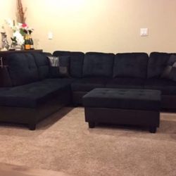 New Black Sectional Sofa Microfiber Couch With Storage Ottoman And Pillows 