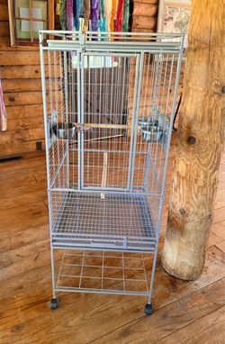 GREY/PEWTER BIRD CAGE WITH 3 SWING OUT DOORS 19.2x19.2x32.3 LIVING SPACE OVERALL HEIGHT 52”